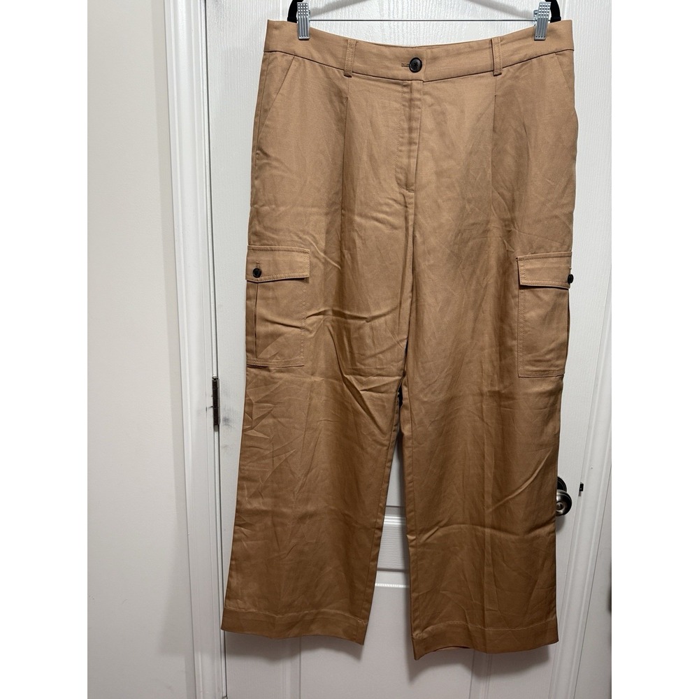 Ann‎ Taylor LOFT Linen Drape Cargo Pants Women's 14 Camel Wide Leg high rise NWT